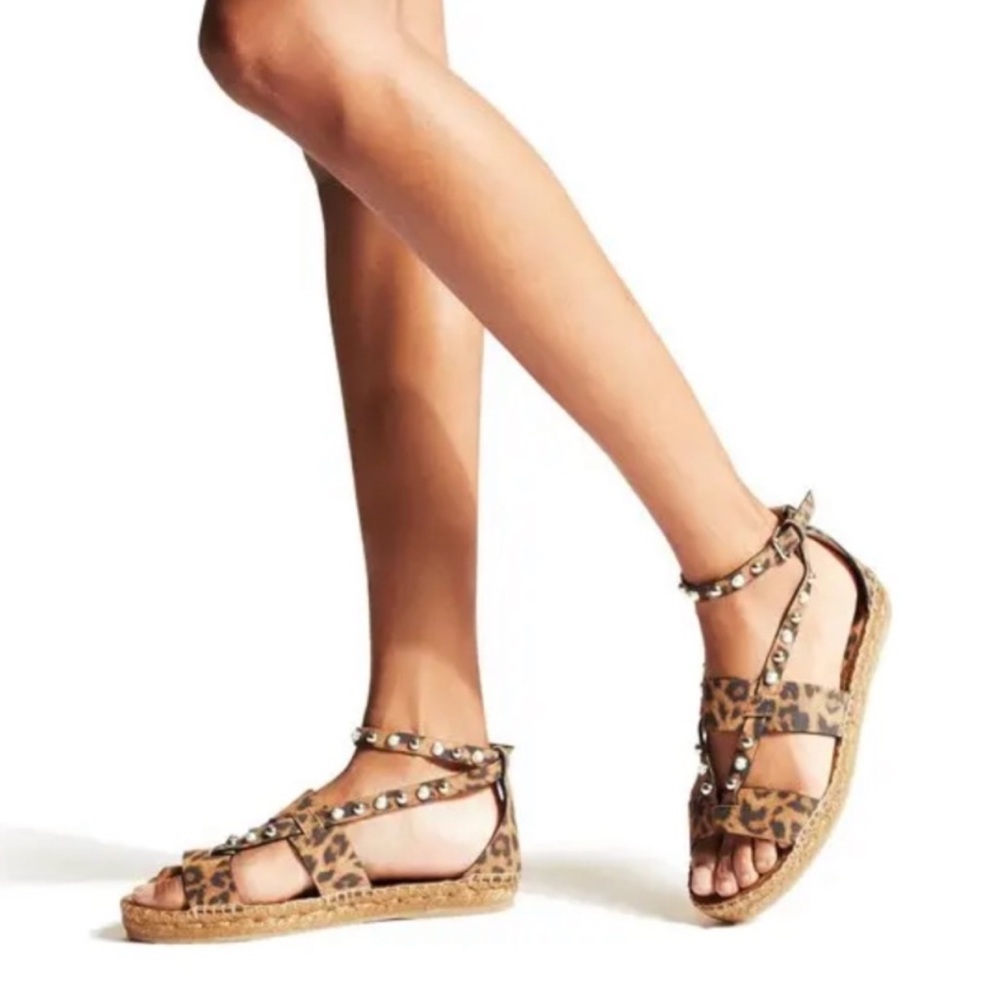 Jimmy Choo 7 Denise Pearl Embellished Leopard Print Leather Espadrille Sandals